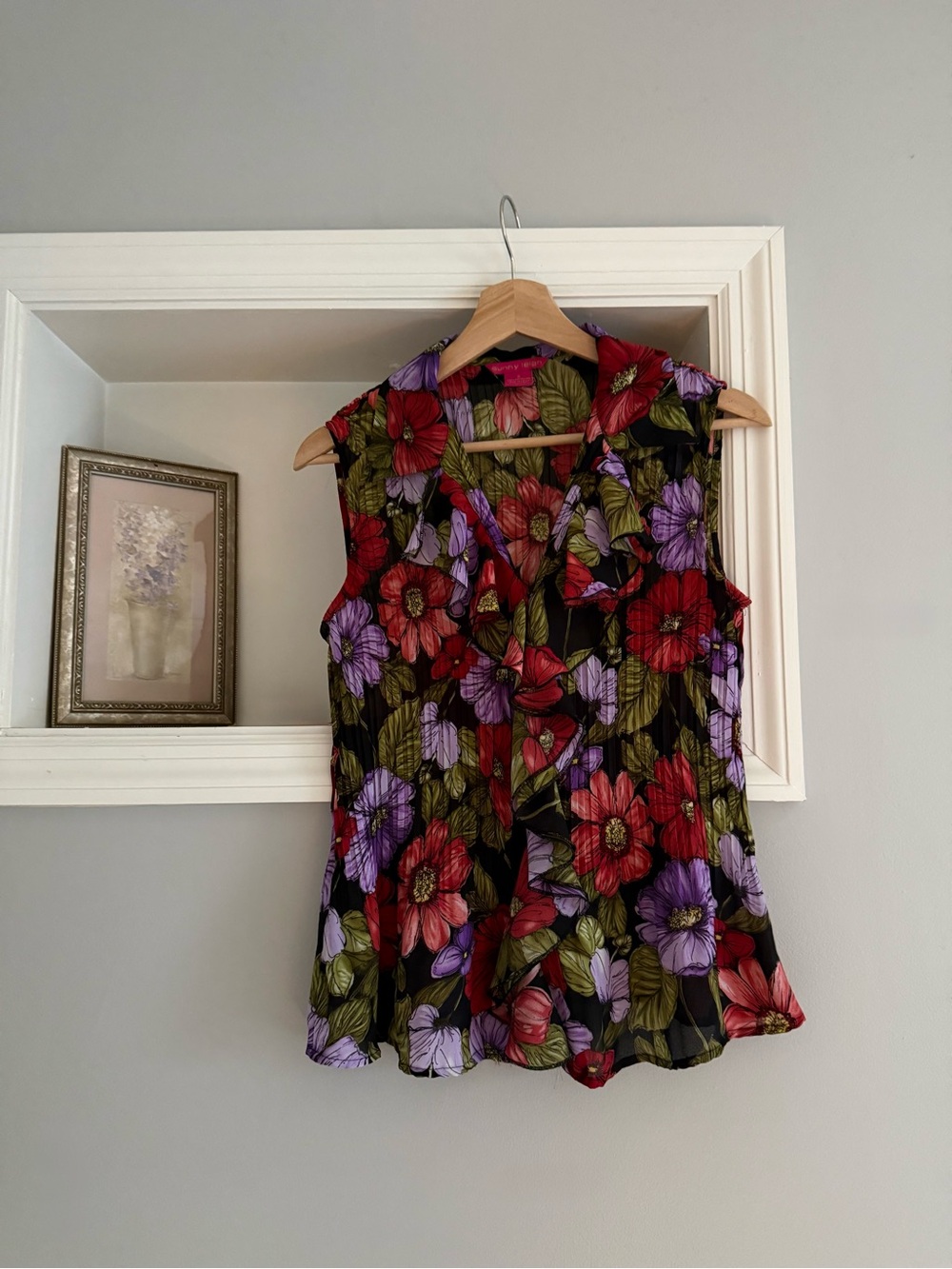 Sunny Leigh Ruffle V-Neck Floral Blouse in Black with Red, Purple and Green